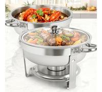 XYJBHB Chafing Dish Full Set, Round 6QT Stainless Steel Catering Chafer with Visible Glass Lid, Buffet Food Warmers for Parties Events Weddings, Silver, 2 Pack