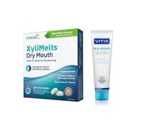 XyliMelts Mild Mint 40 Discs and Vitis SLS Free Dry Mouth Toothpaste 100ml | Round the clock dry mouth care. Toothpaste with betaine and fluoride, plus 550mg xylitol discs that last 4 to 8 hours.