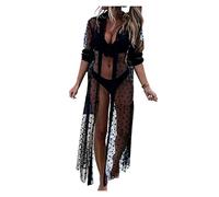 XYLZ Woman Beach Cover-Ups Thin Sexy Lapel Long Sleeve Mesh Summer Beachwear Bathing Suit Swim Cape For Woman (Color : Svart, Size : XL)