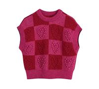 XYLZ Women Sweet Fashion Heart Pattern Plaid Knit Vest Sweater Vintage O Neck Sleeveless Female Waistcoat Tops (Color : A, Size : M)