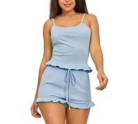 XYMJT Women 2 Piece Pyjamas Set, Comfy Soft Ruffled Cami Pjs Sets Camisole Shorts Sleepwear Sleeveless Tank Tops Summer Casual Nightwear Loungewear For Ladies Blue Xs