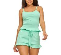 XYMJT Women 2 Piece Pyjamas Set, Comfy Soft Ruffled Cami Pjs Sets Camisole Shorts Sleepwear Sleeveless Tank Tops Summer Casual Nightwear Loungewear For Ladies Green Xl