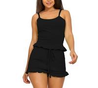 XYMJT Women 2 Piece Pyjamas Set, Comfy Soft Ruffled Cami Pjs Sets Camisole Shorts Sleepwear Sleeveless Tank Tops Summer Casual Nightwear Loungewear For Ladies Black M