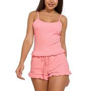 XYMJT Women 2 Piece Pyjamas Set, Comfy Soft Ruffled Cami Pjs Sets Camisole Shorts Sleepwear Sleeveless Tank Tops Summer Casual Nightwear Loungewear For Ladies Pink L