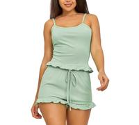 XYMJT Women 2 Piece Pyjamas Set, Comfy Soft Ruffled Cami Pjs Sets Camisole Shorts Sleepwear Sleeveless Tank Tops Summer Casual Nightwear Loungewear For Ladies Grey Green M