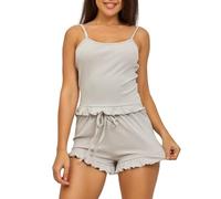 XYMJT Women 2 Piece Pyjamas Set, Comfy Soft Ruffled Cami Pjs Sets Camisole Shorts Sleepwear Sleeveless Tank Tops Summer Casual Nightwear Loungewear For Ladies Grey S