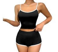 XYMJT Women Pyjamas Set, Comfy Soft 2 Piece Camisole Shorts Sleepwear Slim Fit Sleeveless Tank Tops Nightwear Summer Casual Sport Loungewear For Ladies Black Xs