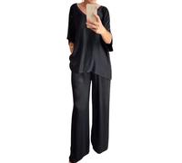 XYMJT Women's Summer Short Sleeve Shirt Wide Leg Trouser Satin 2 Piece,Elegant Shiny 2-Piece Set with Oversized V-Neck (A,3XL)