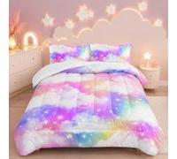XYNHML Rainbow Kids Bedding Set Glitter Golden Stars Comforter 3Pcs Full Tie Dye Art Comforter Set Cloud Pattern Quilt Set for Kids Teens Girls Boys Bed Set with 1 Comforter and 2 Pillowcases