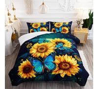 XYNHML Yellow Sunflower Bedding Blue Butterfly Comforter 3Pcs Queen Black Floral Botanical Pattern Quilt Set for Kid Teen Girl Boy Romantic Starlight Bed Decor Set with 1 Comforter and 2 Pillowcases