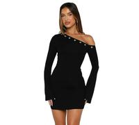 XYNM Women Dresses Women's Fall Off The Shoulder Long Flared Sleeve Mini Dress Neckline Silver Eyelet Bodycon Party Club Dresses-black-l