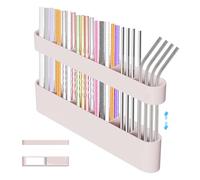 XYOFUN Silicone Straw Holder, 6 Slots Self-Adhesive Straw Dispenser Storage Organizer for Kitchen Counters/Cupboards/Refrigerator - Pink