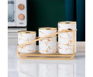 XYQXYQ Ceramic Canister Set for Kitchen Countertop - A Set of 3 Kitchen Canisters with Tiered Shelf, Airtight Countertop Flour and Sugar Containers, Coffee and Tea Storage (White)