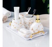 XYQXYQ Ceramics White Bathroom Accessories Set,Gold Marble Look Bathroom Decor,Modern 6 Piece Bathroom Accessory Set,Complete with Soap Dispenser,Toothbrush Holder,Tumbler,Tray Countertop