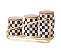 XYQXYQ Kitchen Countertop Ceramic Checkered Canisters Set, 3Pcs Grid Pattern Kitchen Jars with Layered Shelves, Sealed Countertop Flour and Sugar Containers, Coffee and Tea Storage