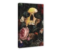 XYSWDD Blooming Flowers Skull Art Home Decoration Gifts, Gothic Flowers Canvas Wall Art Posters And Prints Room Aesthetic Bedroom Office Decor 08x12inch(20x30cm)