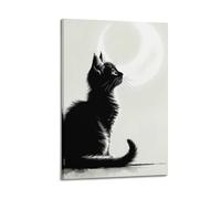 XYSXYCP Canvas Wall Art Picture Animal Poster Black White Kitten Crescent Moon Modern Living Room Bedroom Decor 08x12inch(20x30cm)