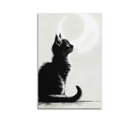 XYSXYCP Canvas Wall Art Picture Animal Poster Black White Kitten Crescent Moon Modern Living Room Bedroom Decor 12x18inch(30x45cm)