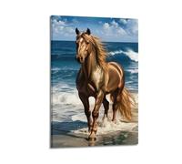 XYSXYCP Canvas Wall Art Picture Animal Poster Golden Horse By Sea Modern Living Room Bedroom Decor 20x30inch(50x75cm)