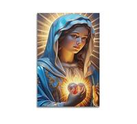 XYSXYCP Canvas Wall Art Picture Christian Poster Blue Golden Robe Virgin Mary With Glowing Sacred Heart And Halo Modern Living Room Bedroom Decor 08x12inch(20x30cm)