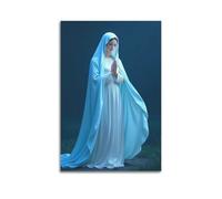 XYSXYCP Canvas Wall Art Picture Christian Poster Blue White Robe Virgin Mary Praying In Dark Background Modern Living Room Bedroom Decor 16x24inch(40x60cm)