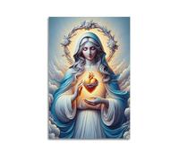 XYSXYCP Canvas Wall Art Picture Christian Poster Blue White Robe Virgin Mary With Thorned Sacred Heart In Clouds Modern Living Room Bedroom Decor 12x18inch(30x45cm)