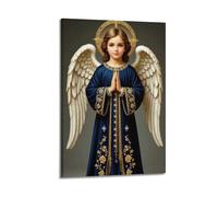 XYSXYCP Canvas Wall Art Picture Christian Poster Dark Blue Embroidered Robe Angel With Ornate Halo Praying Modern Living Room Bedroom Decor 20x30inch(50x75cm)