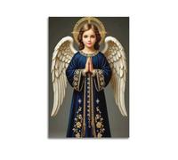 XYSXYCP Canvas Wall Art Picture Christian Poster Dark Blue Embroidered Robe Angel With Ornate Halo Praying Modern Living Room Bedroom Decor 24x36inch(60x90cm)