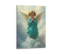 XYSXYCP Canvas Wall Art Picture Christian Poster Turquoise Robe Little Angel With Thorn Halo Praying In Clouds Modern Living Room Bedroom Decor 12x18inch(30x45cm)