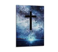 XYSXYCP Canvas Wall Art Picture Cross in The Starry Sky Christian Religious Oil Painting Poster Modern Living Room Bedroom Decor 16x24inch(40x60cm)