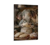 XYSXYCP Wall Art Picture Print Art Animals Elephant Baker Flour-dusted Apron Wearing Pachyderm Kneading Giant Dough, Rustic French Modern Family for Living Room Decor 20x30inch(50x75cm)