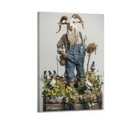 XYSXYCP Wall Art Picture Print Art Animals Farmer Goat Grandpa - Old Billy Goat in Overalls Tending Rooftop Garden with Pigeons As Modern Family for Living Room Decor 16x24inch(40x60cm)