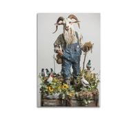 XYSXYCP Wall Art Picture Print Art Animals Farmer Goat Grandpa - Old Billy Goat in Overalls Tending Rooftop Garden with Pigeons As Modern Family for Living Room Decor 08x12inch(20x30cm)