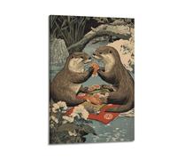 XYSXYCP Wall Art Picture Print Art Animals Otter Couple Sharing Sushi on A Riverbank Picnic, Ukiyo-e Woodblock Print Style Modern Family for Living Room Decor 24x36inch(60x90cm)