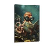 XYSXYCP Wall Art Picture Print Art Animals Scuba Diving Octopus - Wearing 8 Mini Flippers While Reading Underwater Map Modern Family for Living Room Decor 08x12inch(20x30cm)