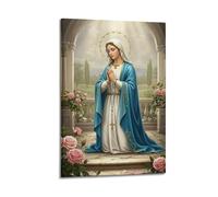 XYSXYCP Wall Art Picture Print Christian Poster White Blue Golden Virgin Mary Halo Sea Praying Modern Family for Living Room Decor 12x18inch(30x45cm)