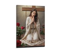 XYSXYCP Wall Art Picture Print Christian Religious Poster Kneeling in Front of The Cross Praying to The Virgin Mary Modern Family for Living Room Decor 12x18inch(30x45cm)