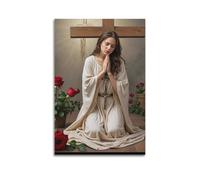 XYSXYCP Wall Art Picture Print Christian Religious Poster Kneeling in Front of The Cross Praying to The Virgin Mary Modern Family for Living Room Decor 16x24inch(40x60cm)