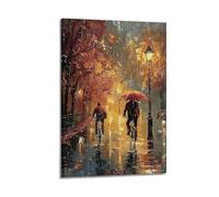XYSXYCP Wall Art Picture Print Landscape Oil Painting Poster. Cyclist Riding in The Middle of The Street in The Rain Modern Family for Living Room Decor 16x24inch(40x60cm)
