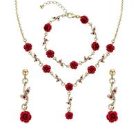 XYTDM 14K Gold Plated Necklaces for Women Dainty Long Rose Pendant Gold Necklace for Girls Vintage Red Flower Women' Necklace (Necklace+Earring+Bracelet)