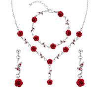 XYTDM 3Pcs Rose Red Jewelry Red Flower Necklaces for Women Red Rose Flower Dangle Earrings Rose Bracelet Rose Gold Prom Jewelry Sets for Women Bride Wedding (Silver Chain&Red Rose)
