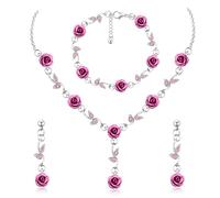 XYTDM 3Pcs Rose Red Jewelry Red Flower Necklaces for Women Red Rose Flower Dangle Earrings Rose Bracelet Rose Gold Prom Jewelry Sets for Women Bride Wedding (Hot Pink Rose)