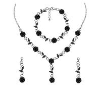 XYTDM 3Pcs Rose Red Jewelry Red Flower Necklaces for Women Red Rose Flower Dangle Earrings Rose Bracelet Rose Gold Prom Jewelry Sets for Women Bride Wedding (black rose)