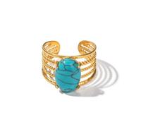 XYTDM Handmade Bohemian Natural Stone Ring Vintage Gemstone Large Ring | Turquoise | Red Agate Adjustable 18k Gold Plated Stainless Steel Stackable Party Ring Women (Turquoise B)
