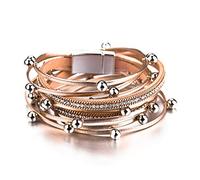 XYTDM Women's Leather Wrap Bracelet, Bohemian Leopard Print Multi-Layered Crystal Beads Cuff Bracelet Jewelry (A3:Rose Gold Beads)