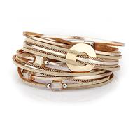 XYTDM Women's Leather Wrap Bracelet, Bohemian Leopard Print Multi-Layered Crystal Beads Cuff Bracelet Jewelry (B38:Metal Disc(Gold))