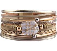 XYTDM Women's Leather Wrap Bracelet, Bohemian Leopard Print Multi-Layered Crystal Beads Cuff Bracelet Jewelry (A9:Gold Leather(Pearl))
