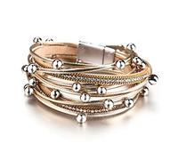 XYTDM Women's Leather Wrap Bracelet, Bohemian Leopard Print Multi-Layered Crystal Beads Cuff Bracelet Jewelry (A6:Gold Beads)