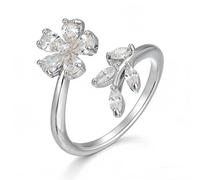 XYWstore Ladies' Alloy Flower Leaf Open Ring, Silver Tone with Crystal Accents, Adjustable, Adjustable, Metal Cubic Zirconia, Created Zircon