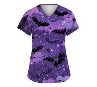 XYYYHTL Halloween Scrub Tops Womens V-Neck Pumpkin Cat Bat Printing Halloween Nursing Shirt Holiday Tops Plus Size with Pockets Nursing Uniforms Scrub for Beauty Center Medical